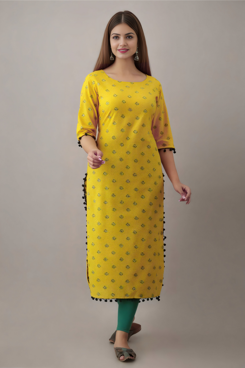 Women Printed Pure Cotton Straight Kurta  (Yellow)