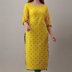 Women Printed Pure Cotton Straight Kurta  (Yellow)