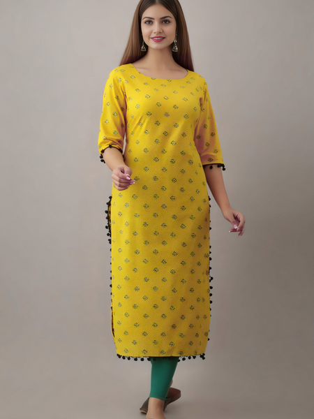Women Printed Pure Cotton Straight Kurta  (Yellow)