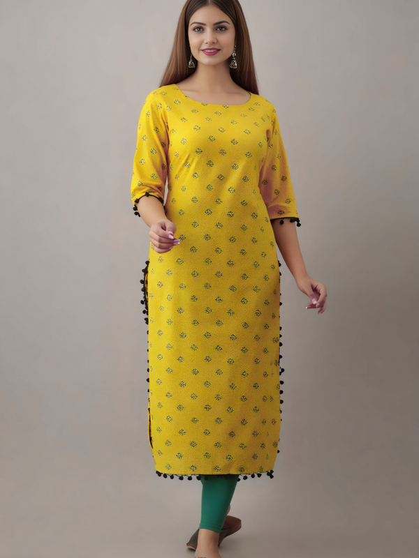 Women Printed Pure Cotton Straight Kurta  (Yellow)