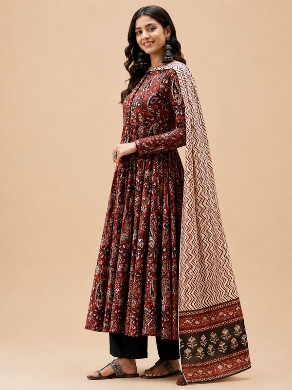 Women Printed Anarkali Kurta, Pant & Dupatta Set (Red)