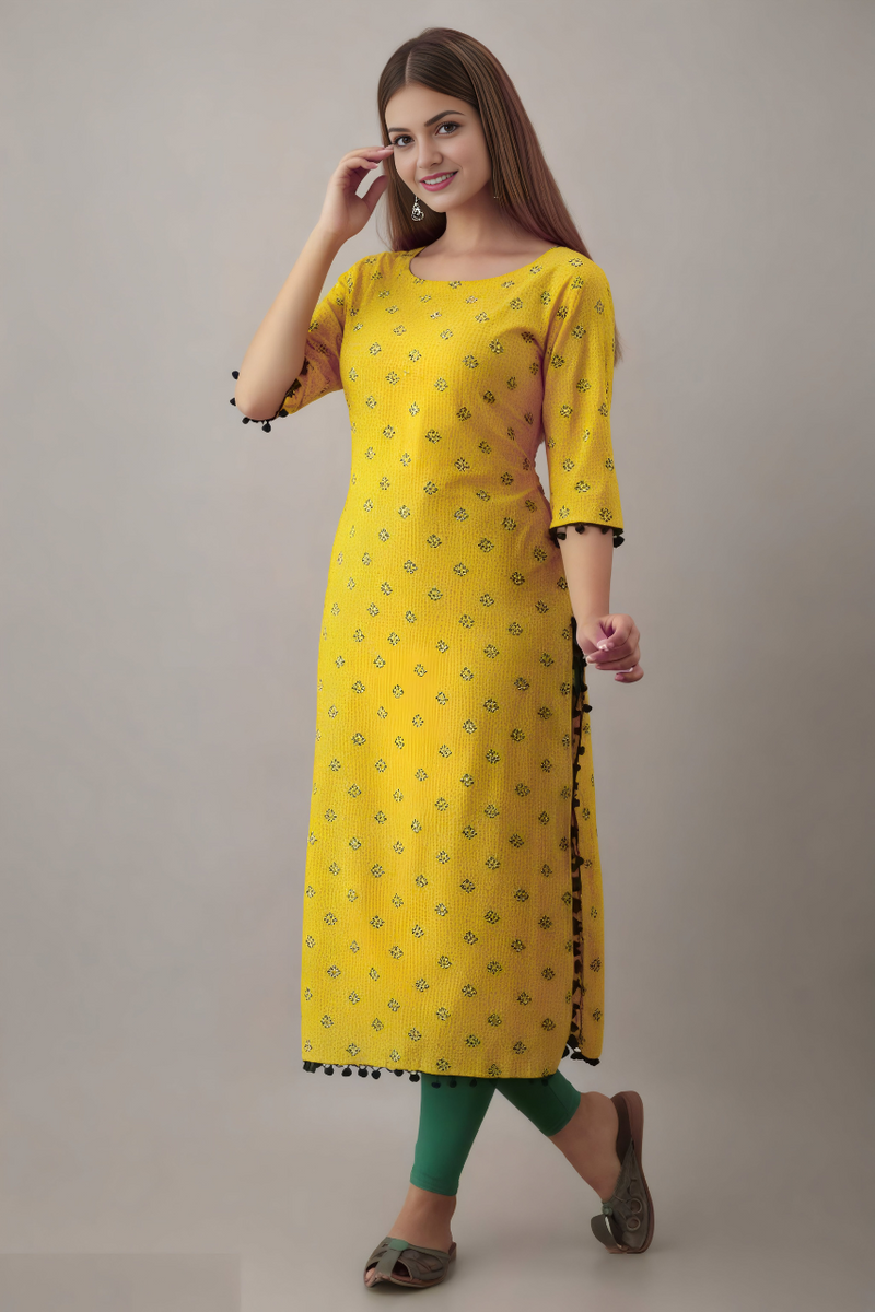 Women Printed Pure Cotton Straight Kurta  (Yellow)