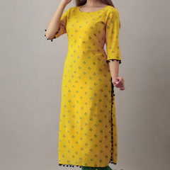Women Printed Pure Cotton Straight Kurta  (Yellow)
