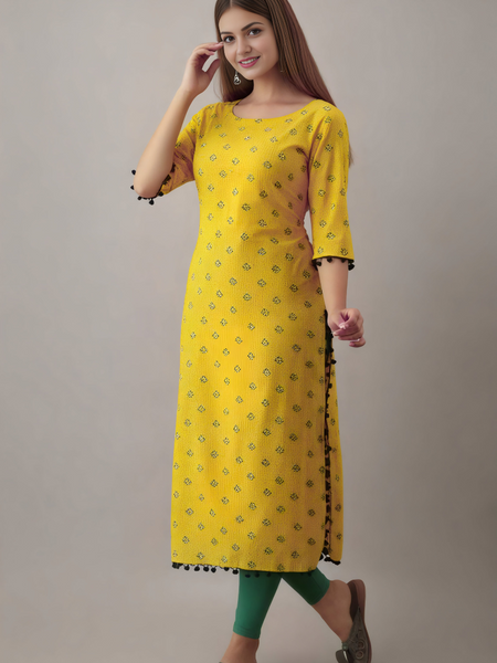 Women Printed Pure Cotton Straight Kurta  (Yellow)