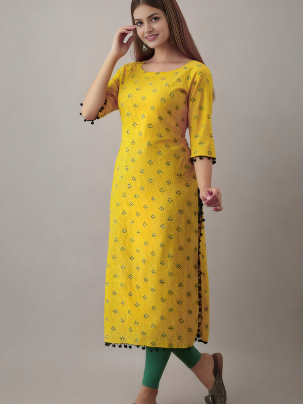 Women Printed Pure Cotton Straight Kurta  (Yellow)