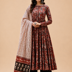 Women Printed Anarkali Kurta, Pant & Dupatta Set (Red)