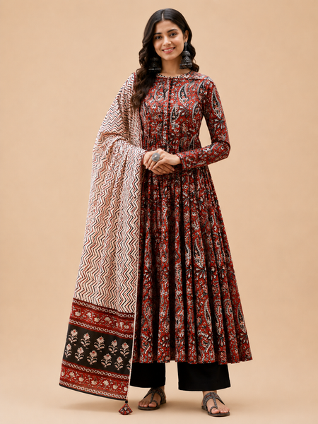 Women Printed Anarkali Kurta, Pant & Dupatta Set (Red)