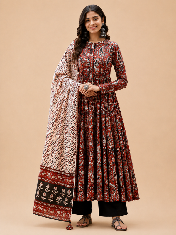 Women Printed Anarkali Kurta, Pant & Dupatta Set (Red)