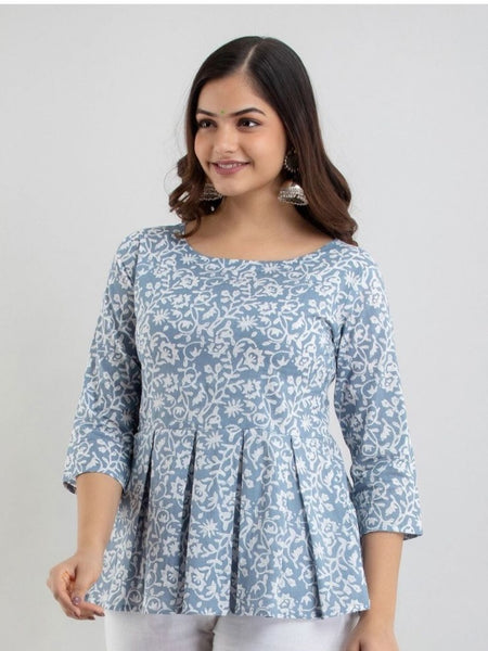 Floral Printed Pleated Pure Cotton A-Line Kurti