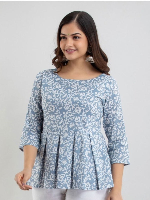 Floral Printed Pleated Pure Cotton A-Line Kurti