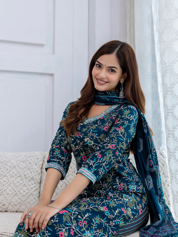 Teal Rayon Floral Print Kurta Set