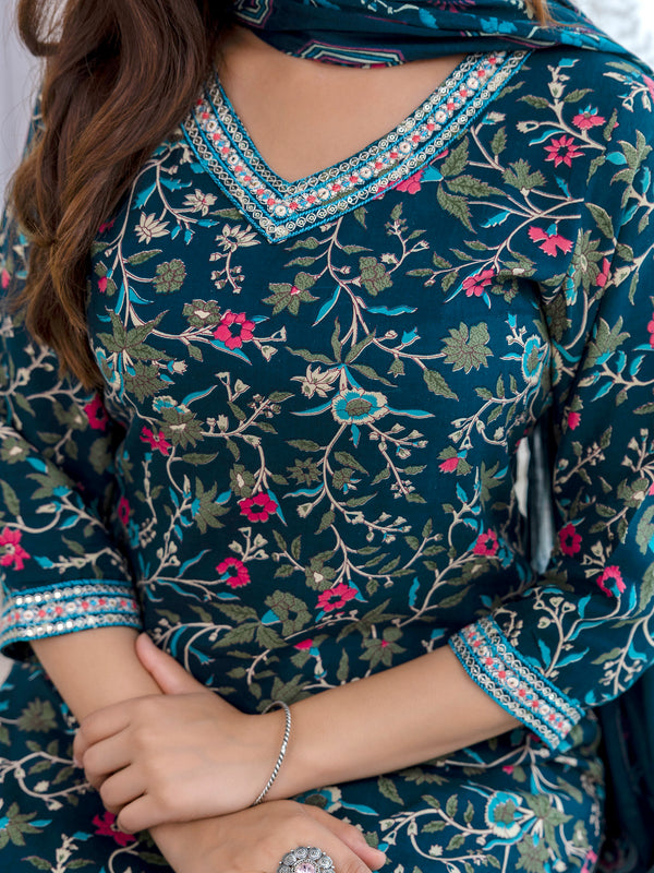 Teal Rayon Floral Print Kurta Set