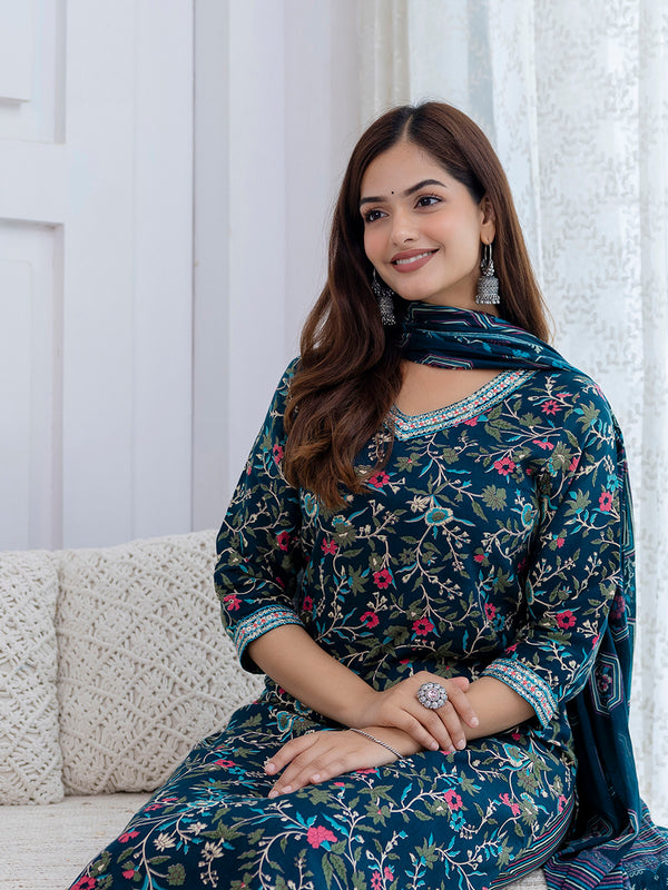 Teal Rayon Floral Print Kurta Set