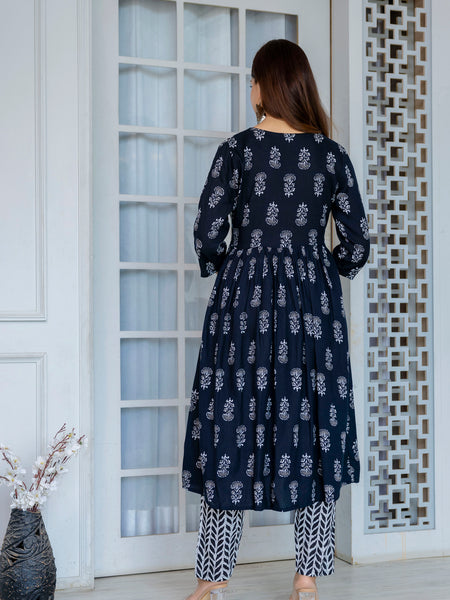 Women Block printed Angarakha Kurta and pant Set with Dupatta