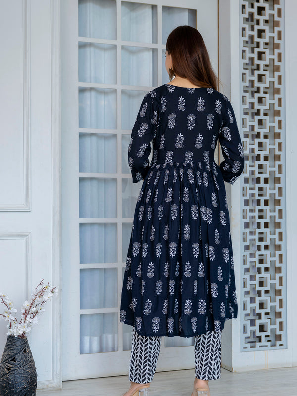 Women Block printed Angarakha Kurta and pant Set with Dupatta