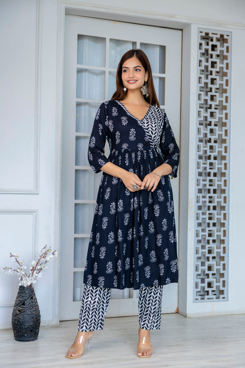 Women Block printed Angarakha Kurta and pant Set with Dupatta