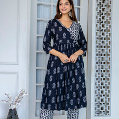 Women Block printed Angarakha Kurta and pant Set with Dupatta