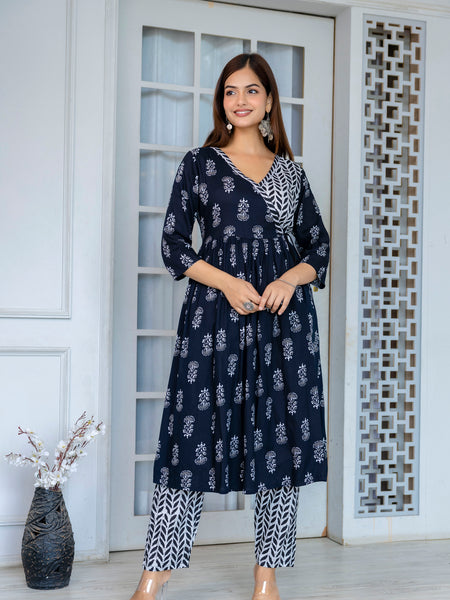 Women Block printed Angarakha Kurta and pant Set with Dupatta