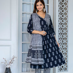 Women Block printed Angarakha Kurta and pant Set with Dupatta
