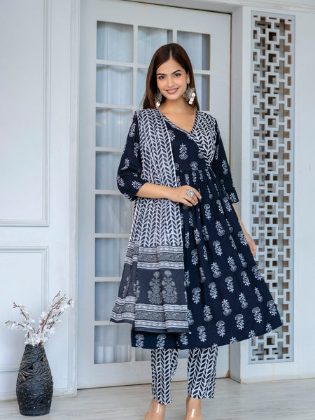 Women Block printed Angarakha Kurta and pant Set with Dupatta