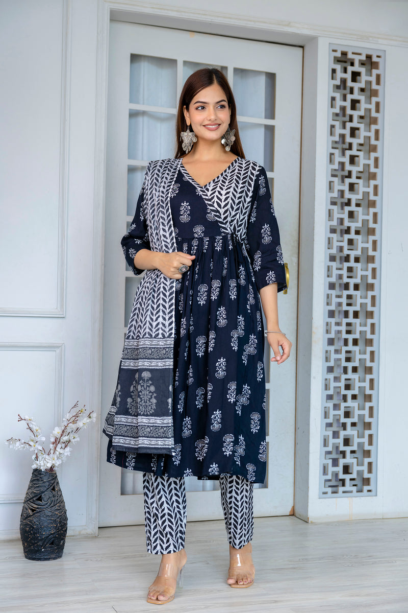 Women Block printed Angarakha Kurta and pant Set with Dupatta