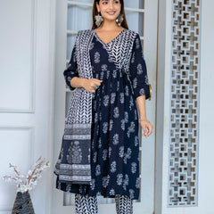 Women Block printed Angarakha Kurta and pant Set with Dupatta