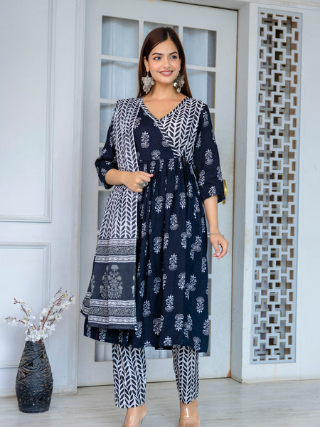 Women Block printed Angarakha Kurta and pant Set with Dupatta