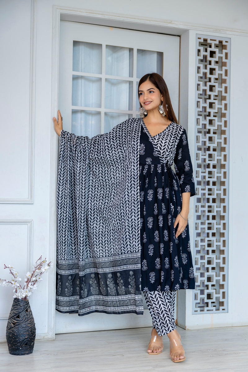 Women Block printed Angarakha Kurta and pant Set with Dupatta