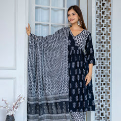 Women Block printed Angarakha Kurta and pant Set with Dupatta