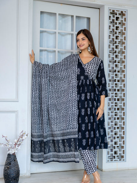 Women Block printed Angarakha Kurta and pant Set with Dupatta
