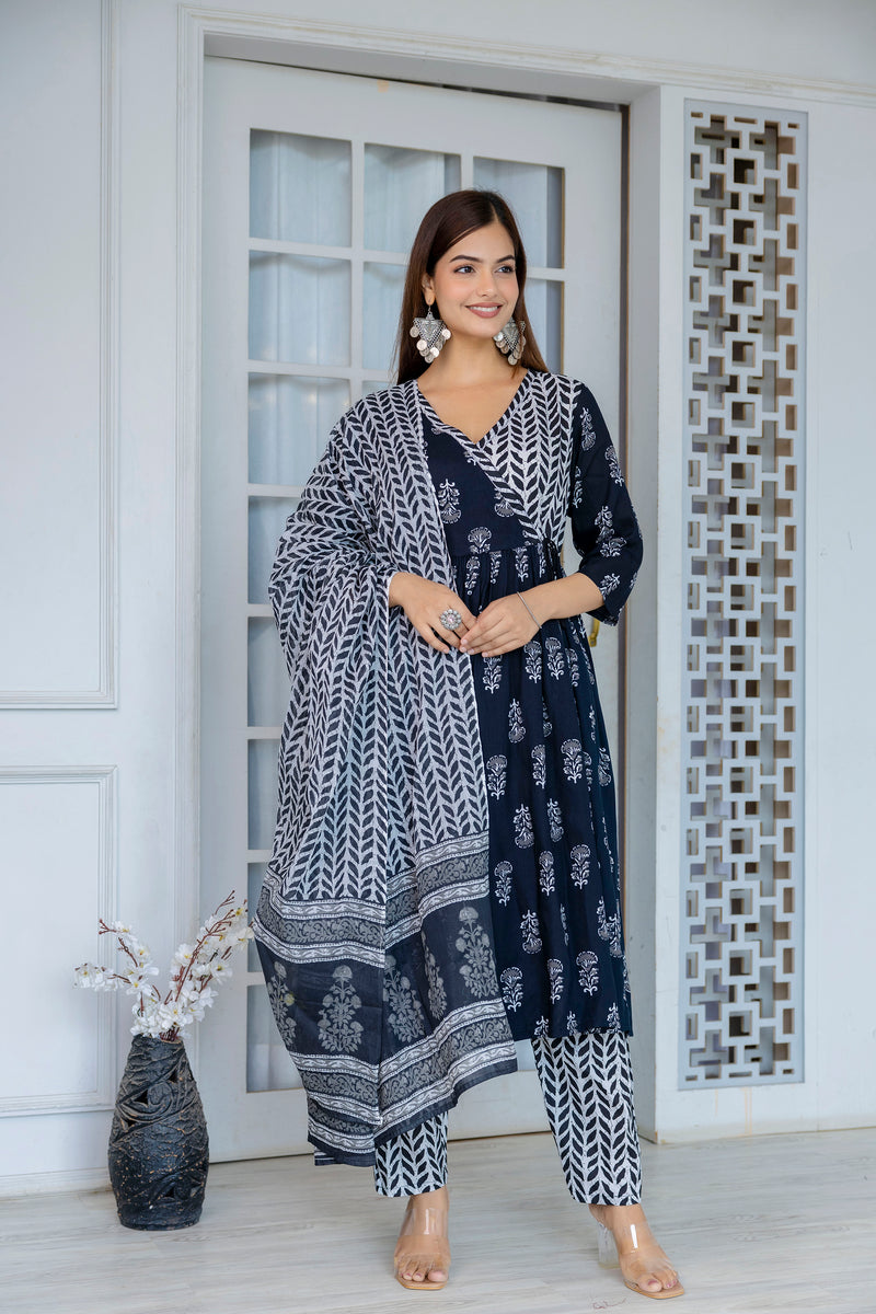Women Block printed Angarakha Kurta and pant Set with Dupatta