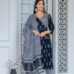 Women Block printed Angarakha Kurta and pant Set with Dupatta