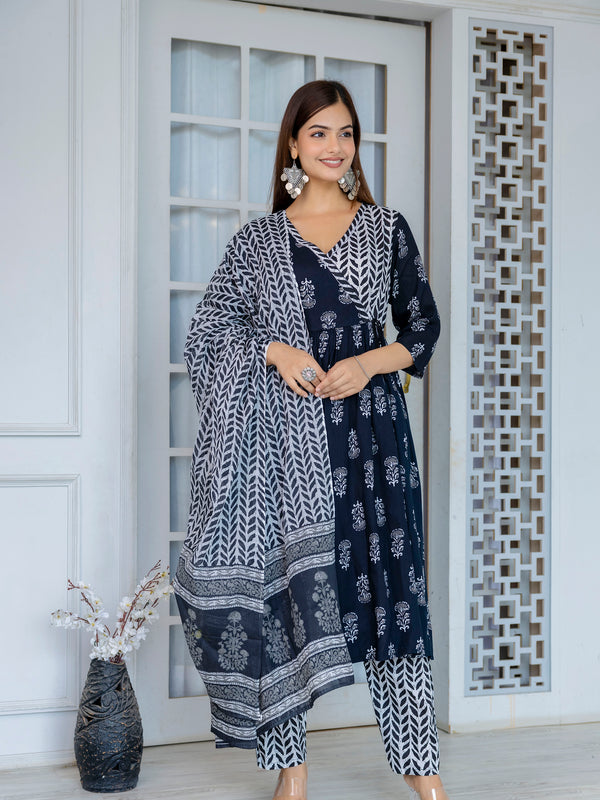 Women Block printed Angarakha Kurta and pant Set with Dupatta