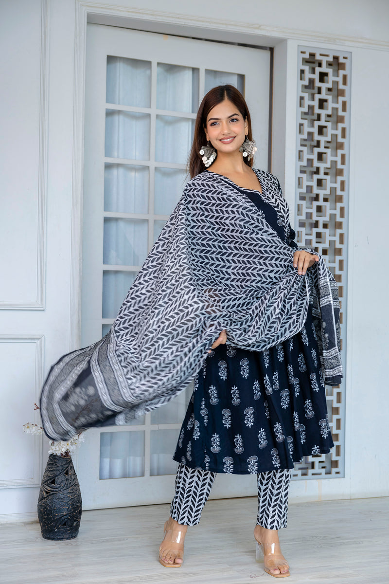 Women Block printed Angarakha Kurta and pant Set with Dupatta