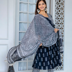 Women Block printed Angarakha Kurta and pant Set with Dupatta