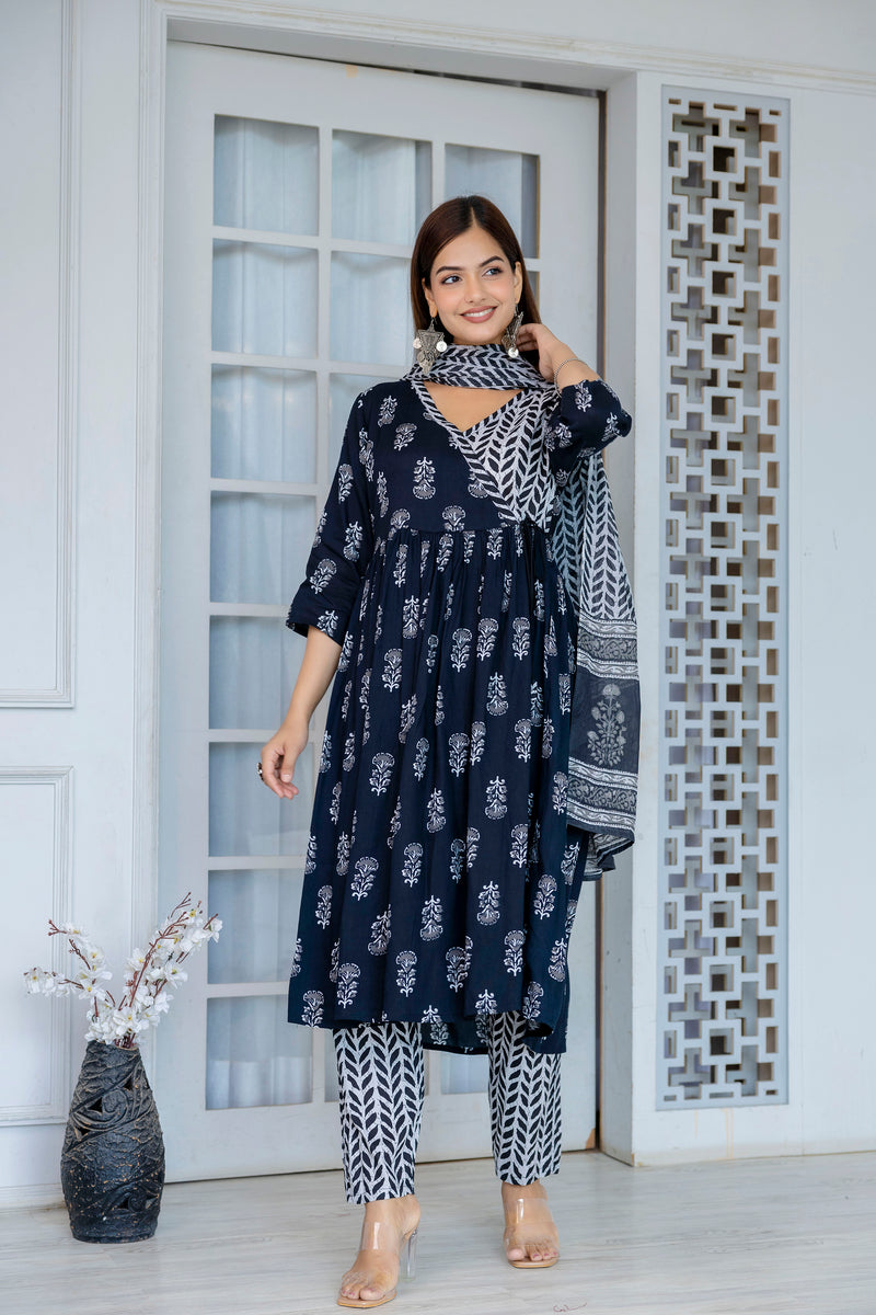 Women Block printed Angarakha Kurta and pant Set with Dupatta