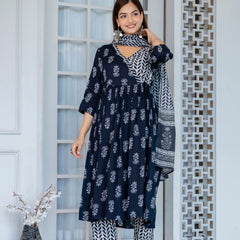 Women Block printed Angarakha Kurta and pant Set with Dupatta