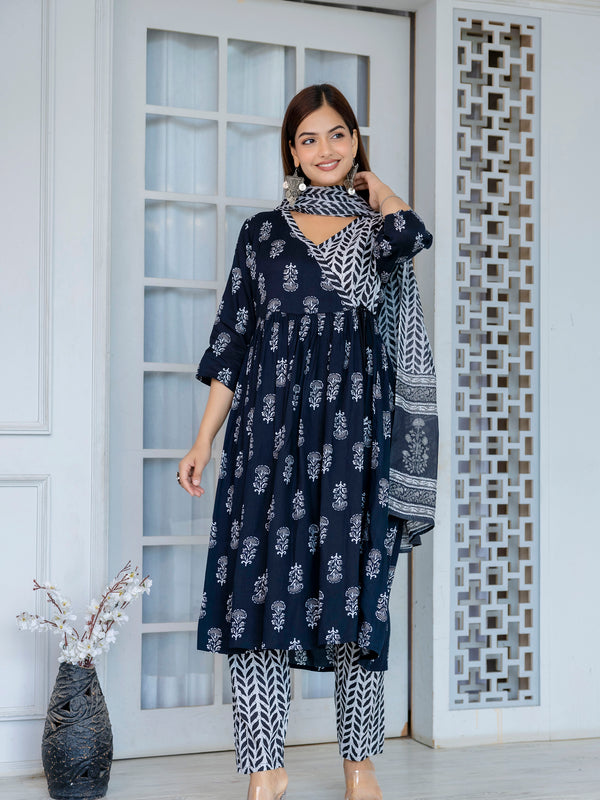 Women Block printed Angarakha Kurta and pant Set with Dupatta