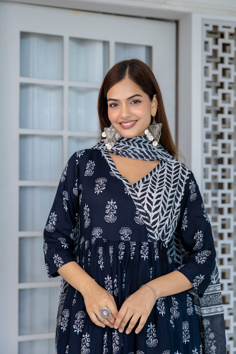 Women Block printed Angarakha Kurta and pant Set with Dupatta