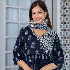 Women Block printed Angarakha Kurta and pant Set with Dupatta