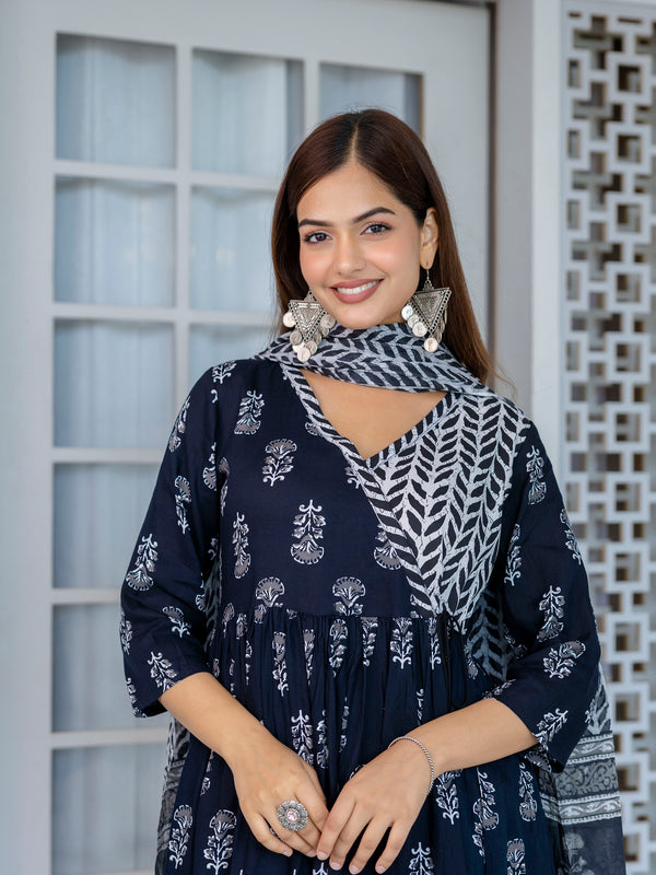 Women Block printed Angarakha Kurta and pant Set with Dupatta