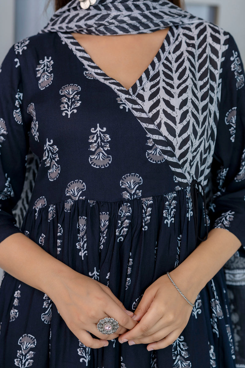 Women Block printed Angarakha Kurta and pant Set with Dupatta