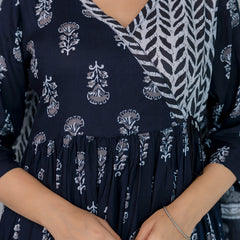 Women Block printed Angarakha Kurta and pant Set with Dupatta