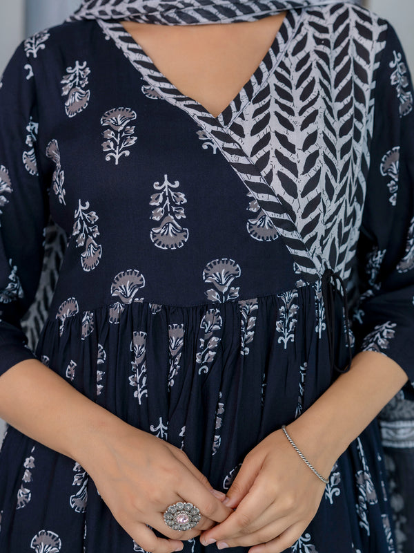 Women Block printed Angarakha Kurta and pant Set with Dupatta
