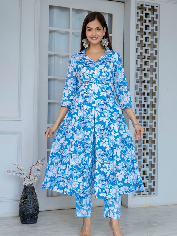 Elegant Blue Floral Cord Set