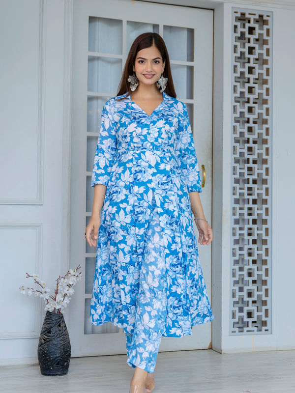 Elegant Blue Floral Cord Set
