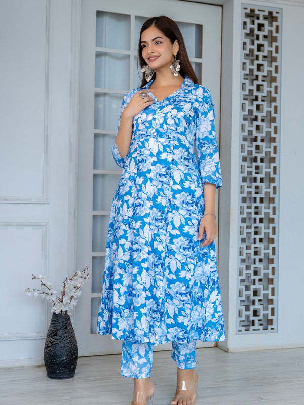 Elegant Blue Floral Cord Set