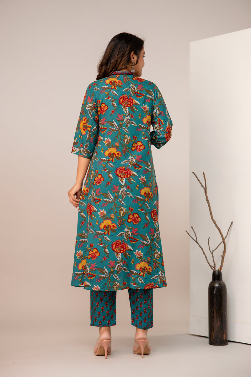 Women's Rayon Blend Printed Kurta With Palazzo & Dupatta