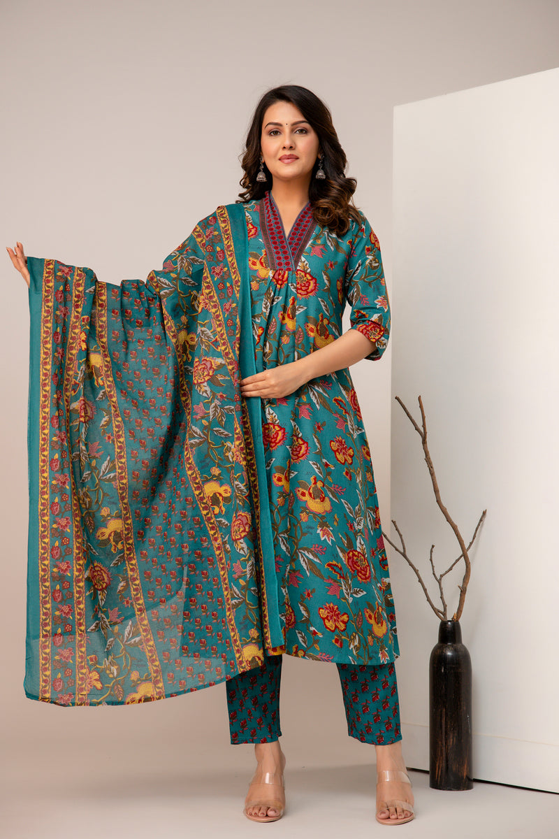 Women's Rayon Blend Printed Kurta With Palazzo & Dupatta