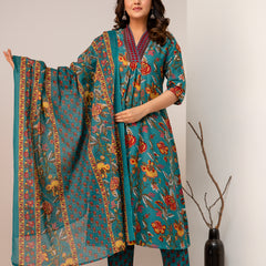 Women's Rayon Blend Printed Kurta With Palazzo & Dupatta